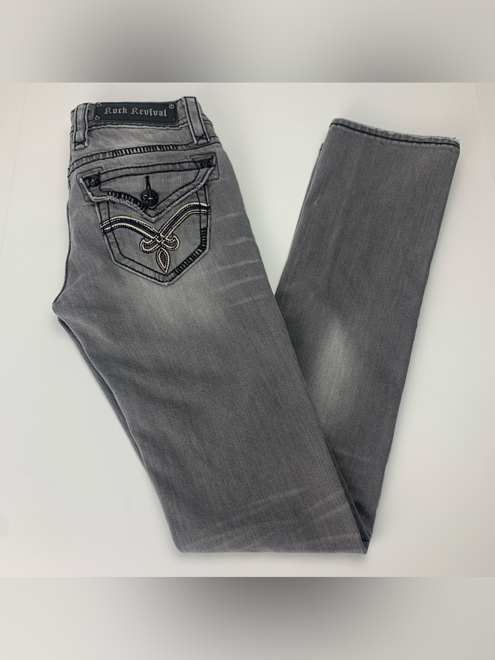 Rock Revival Jeans Elaina Straight Skinny Gray Y2k Denim Pants Womens Size 25
